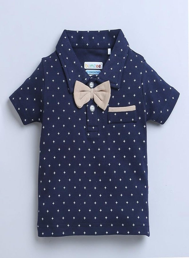 BUMZEE Beige & Navy Boys Half Sleeves T-shirt & Short Set With Bow Suspender Age - 12-18 Months - Image 2