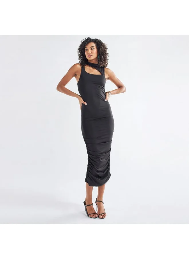 FAV Cutout Detail Sleeveless Slinky Bodycon Dress with Ruching