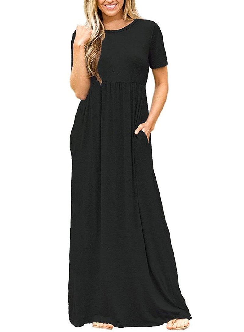 DEARCASE Maxi Dress for Women Black Large Crewneck Short Sleeves Wedding Guest A-line Casual Party Vintage Spring Summer Beach Long Dresses with Pockets - Image 2