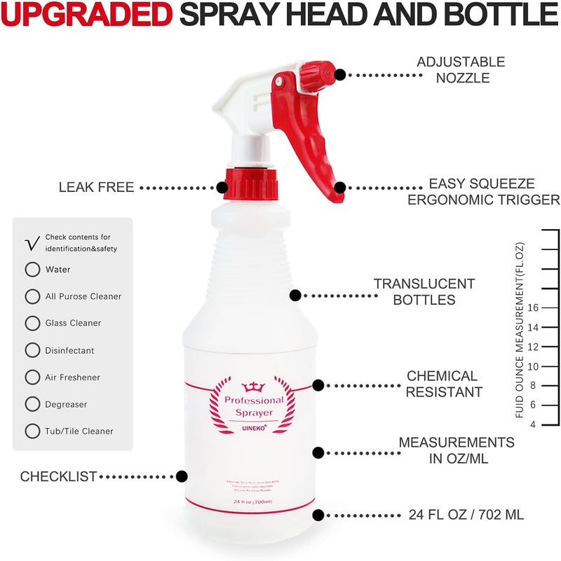 Uineko Plastic Spray Bottle (4 Pack, 24 Oz, All-Purpose) Heavy Duty Spraying Bottles Leak Proof Mist Empty Water Bottle for Cleaning Solution Planting Pet with Adjustable Nozzle and Measurements - Image 4