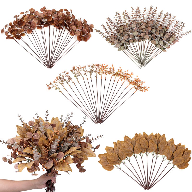 YXZZWL 110 Pcs 5 Kinds Mixed Artificial Eucalyptus Stems and Faux Berry Autumn Fake Eucalyptus Leaves Stems Bulk Branches for DIY Bouquets Floral Arrangement Wedding Home Fall Decorations (Orange) - Image 1