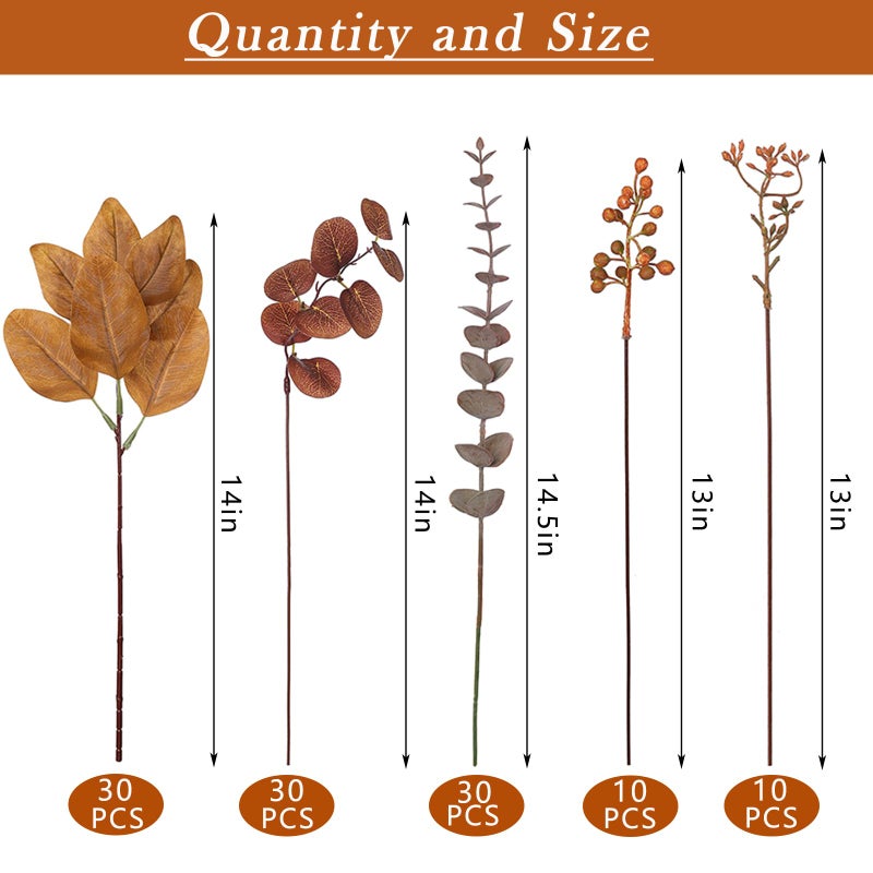 YXZZWL 110 Pcs 5 Kinds Mixed Artificial Eucalyptus Stems and Faux Berry Autumn Fake Eucalyptus Leaves Stems Bulk Branches for DIY Bouquets Floral Arrangement Wedding Home Fall Decorations (Orange) - Image 2