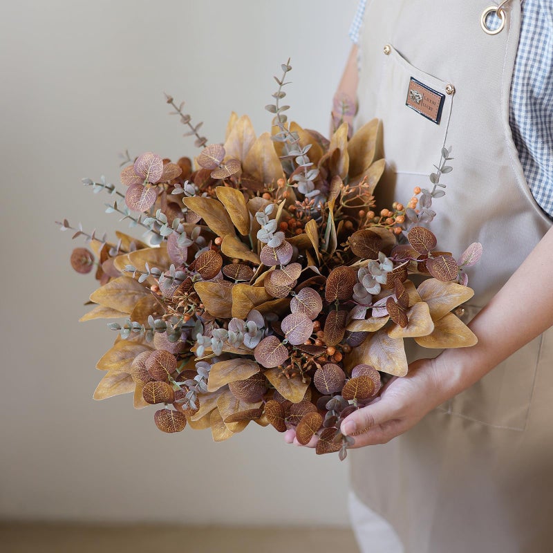 YXZZWL 110 Pcs 5 Kinds Mixed Artificial Eucalyptus Stems and Faux Berry Autumn Fake Eucalyptus Leaves Stems Bulk Branches for DIY Bouquets Floral Arrangement Wedding Home Fall Decorations (Orange) - Image 3