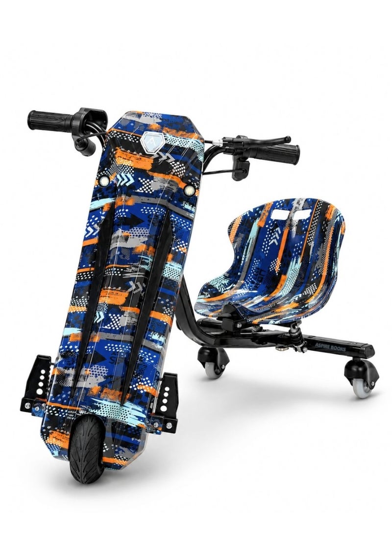 Aspire Books Electric Drift Scooter for Kids Ages 3-8 | 36V 250W 3-Wheel Ride-On Drifting Go-Kart Trike with 360° Spin, Adjustable Frame & LED Lights - Abstract Blue/Orange - Image 1