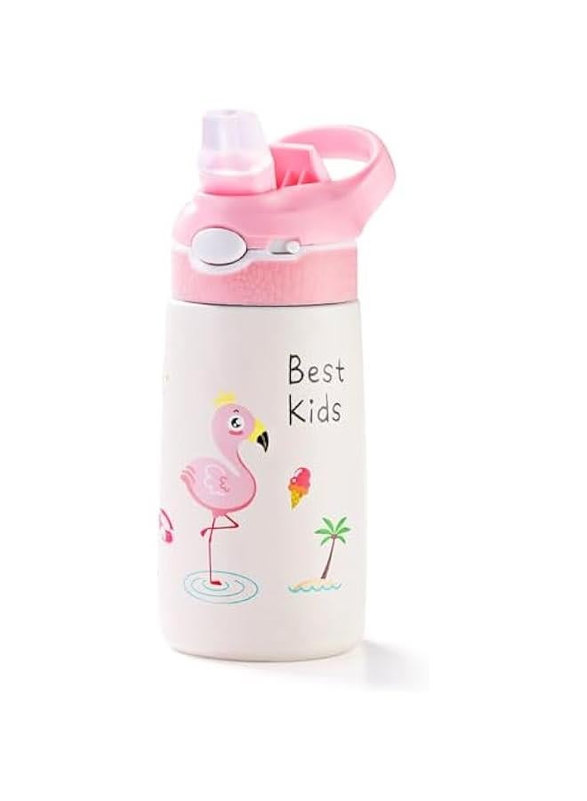 TRASSLE Kids Stainless Steel Water Bottles with Straw, 13.5 oz Insulated Water Bottle Double Wall Keep Hot Cold Drinks Thermos Toddler Bottle with Handle BPA-Free for School Boys Girls (Pink Flamingos) - Image 1