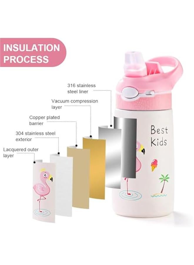 TRASSLE Kids Stainless Steel Water Bottles with Straw, 13.5 oz Insulated Water Bottle Double Wall Keep Hot Cold Drinks Thermos Toddler Bottle with Handle BPA-Free for School Boys Girls (Pink Flamingos) - Image 3
