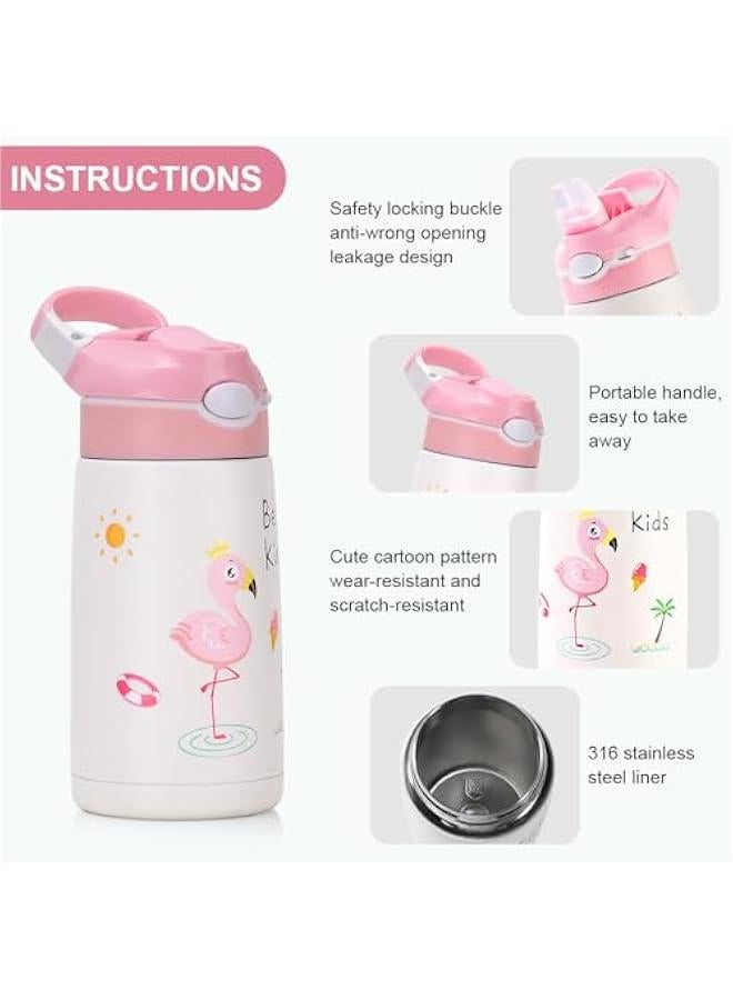 TRASSLE Kids Stainless Steel Water Bottles with Straw, 13.5 oz Insulated Water Bottle Double Wall Keep Hot Cold Drinks Thermos Toddler Bottle with Handle BPA-Free for School Boys Girls (Pink Flamingos) - Image 5