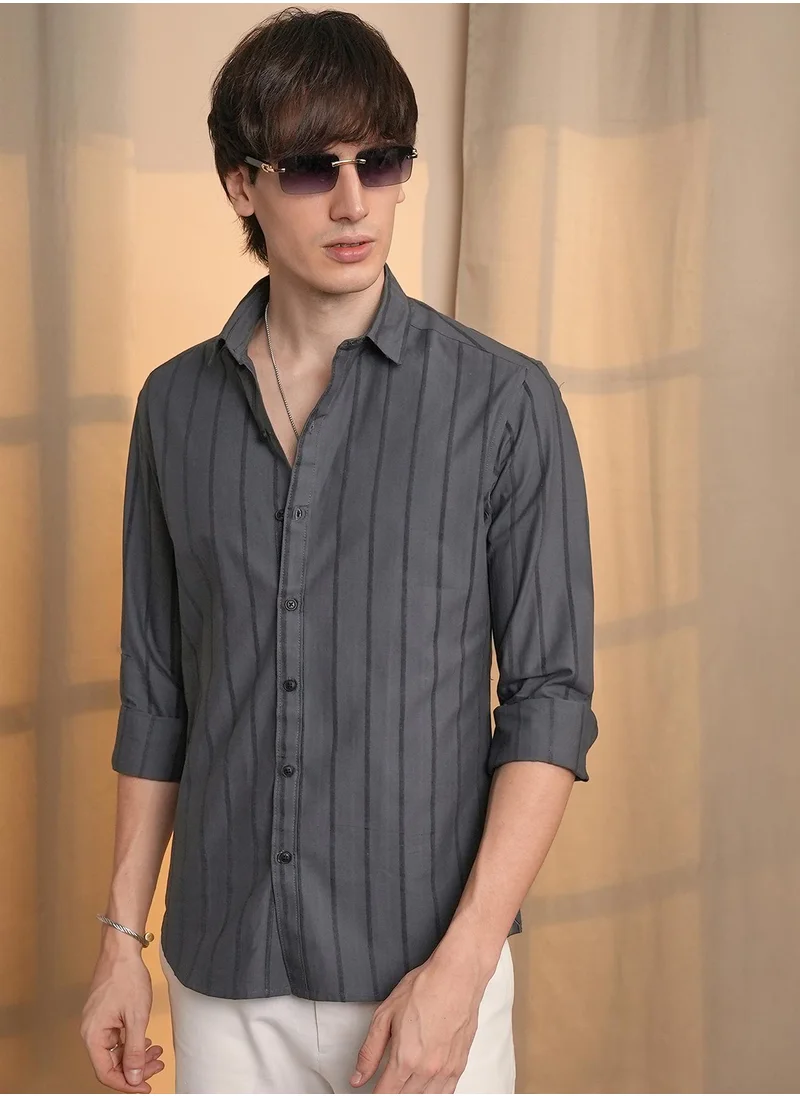 Campus Sutra Men's Charcoal Grey Pencil-Striped Shirt