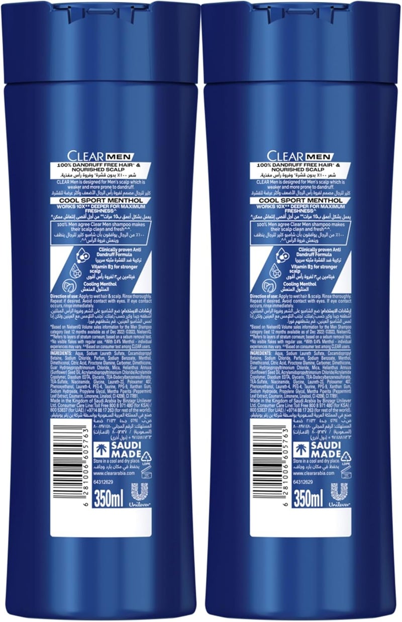 Clear Men Anti-Dandruff Shampoo, Cool Sport Menthol, 2 x 350ml - Image 2