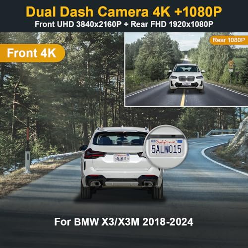 FITCAMX كاميرا داش فيت كام إكس الأمامية 4K + الخلفية 1080P مناسبة لسيارة بي إم دبليو X3 X3 2018-2024 M M40i Sdrive Xdrive30i 30e G01 (HD2-6153)، مظهر OEM، فيديو مزدوج بدقة HD، واي فاي وتطبيق، تسجيل متكرر، حساس G، سهل الإعداد، بطاقة 128GB - Image 2