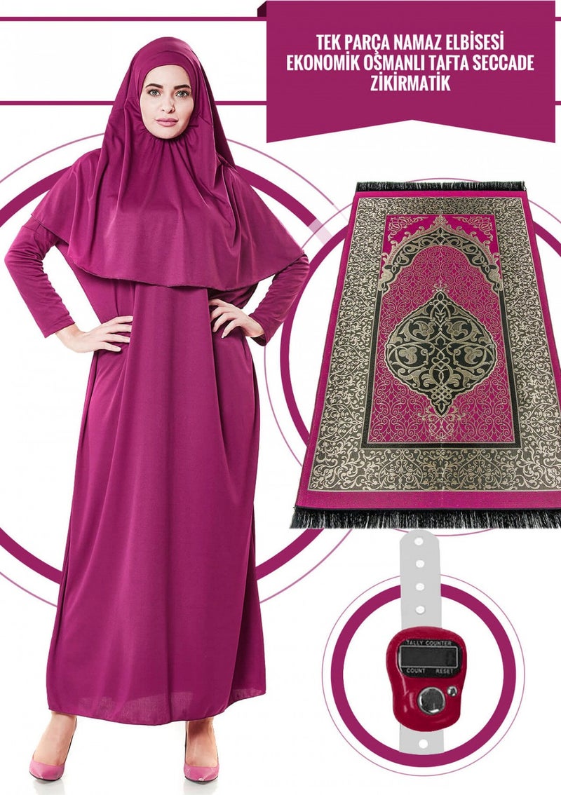 İhvan Ihvan One Piece Prayer Dress - Fuchsia - 5015 and Prayer Rug and Zikirmatik - Triple Set  - Image 1