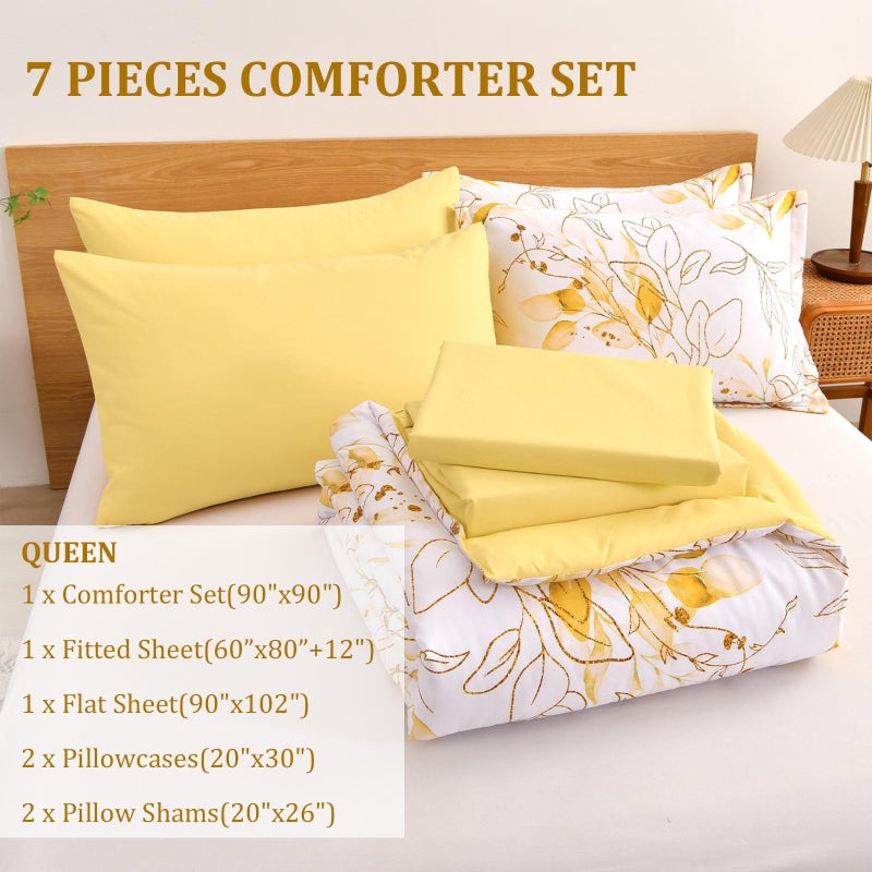 WONGS BEDDING Yellow Botanical Comforter Set Queen  7 Pieces Floral Bed in a Bag Gloden Leaves Bedding Set Soft Microfiber Queen(1 Comforter 2 Pillowcase 2 Pillow Shams 1 Flat Sheet 1 Fitted Sheet) - Image 4