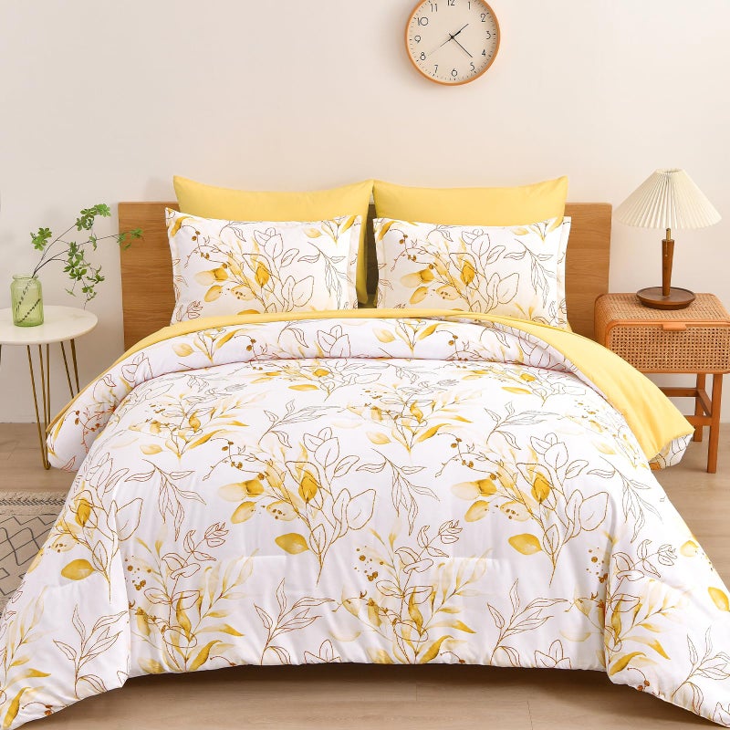 WONGS BEDDING Yellow Botanical Comforter Set Queen  7 Pieces Floral Bed in a Bag Gloden Leaves Bedding Set Soft Microfiber Queen(1 Comforter 2 Pillowcase 2 Pillow Shams 1 Flat Sheet 1 Fitted Sheet) - Image 1