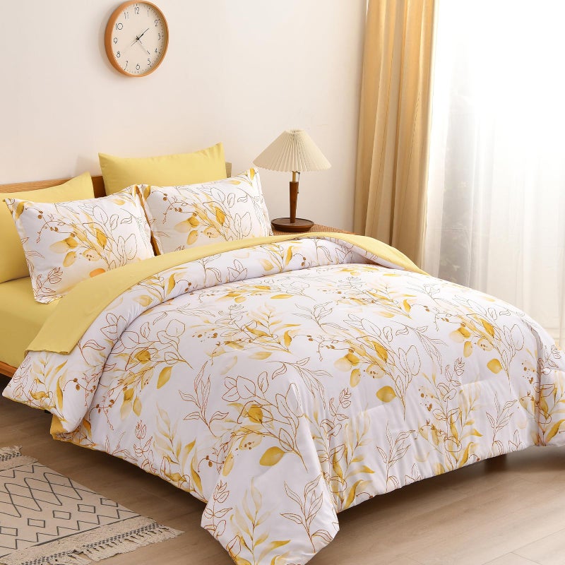 WONGS BEDDING Yellow Botanical Comforter Set Queen  7 Pieces Floral Bed in a Bag Gloden Leaves Bedding Set Soft Microfiber Queen(1 Comforter 2 Pillowcase 2 Pillow Shams 1 Flat Sheet 1 Fitted Sheet) - Image 2