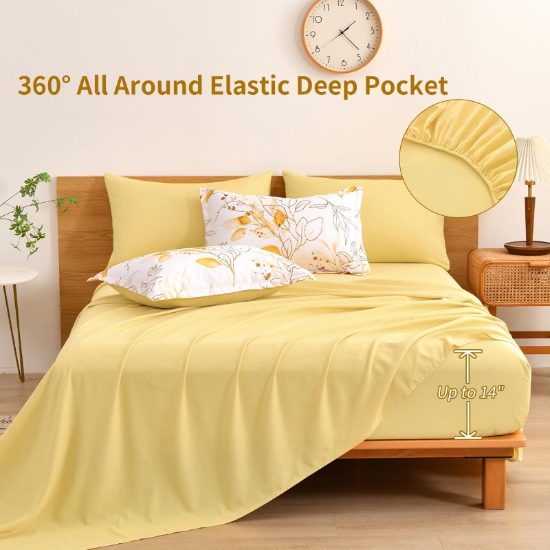 WONGS BEDDING Yellow Botanical Comforter Set Queen  7 Pieces Floral Bed in a Bag Gloden Leaves Bedding Set Soft Microfiber Queen(1 Comforter 2 Pillowcase 2 Pillow Shams 1 Flat Sheet 1 Fitted Sheet) - Image 3