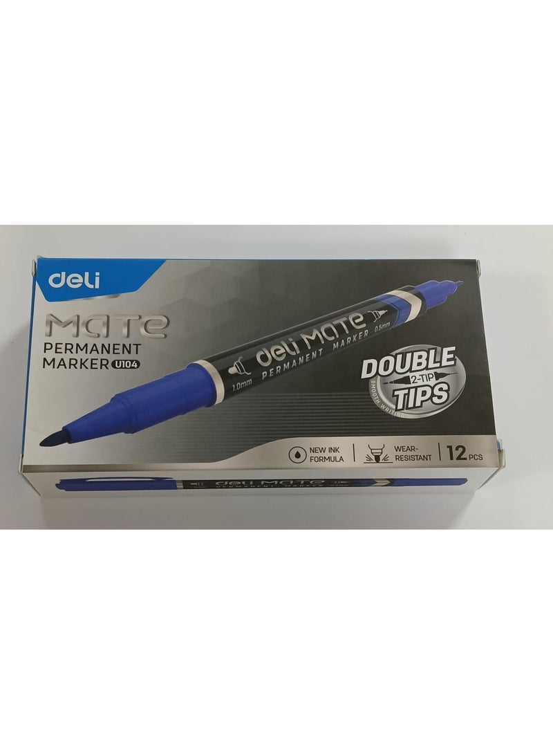 ديلي قلم تحديد دائم مزدوج الرأس من ديلي U104، 12 قطعة، أزرق - Image 1