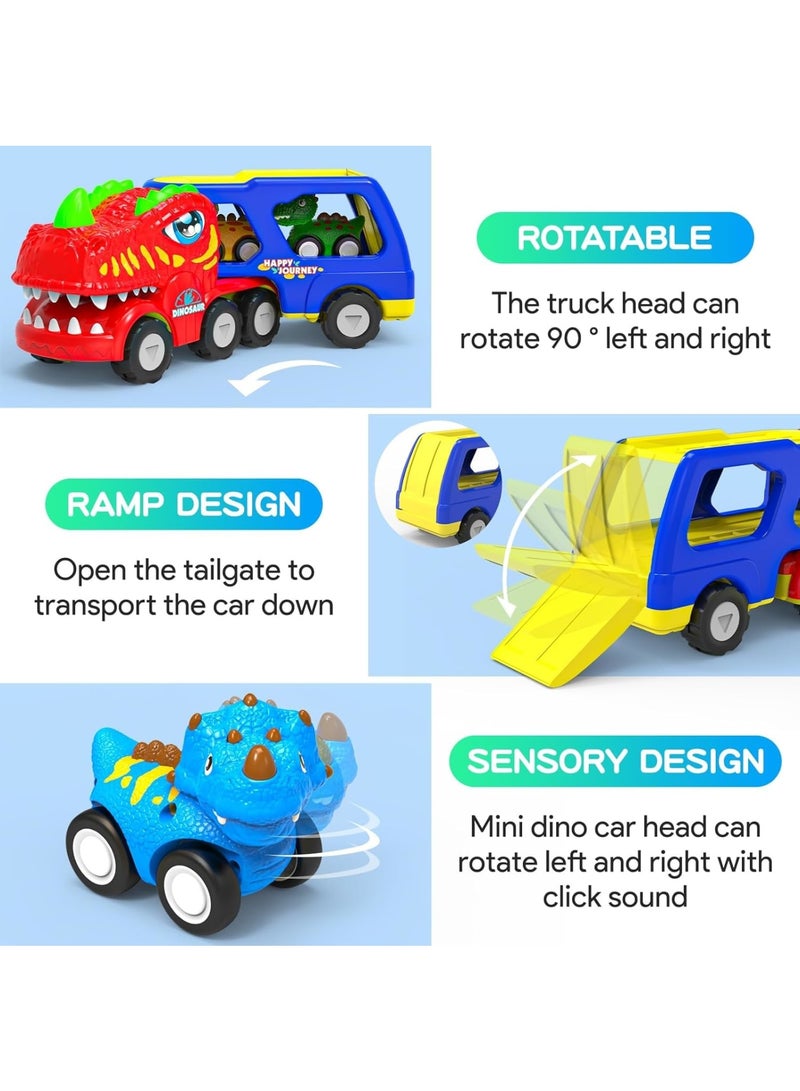 Zikra Toddler Car Toys for 1 2 3 4 5 Year Old Boy, 5-in-1 Dinosaur Vehicle Trucks Toys for Toddlers 1-3 with Sounds & Lights & 4 Small Car, Dinosaur Toys for Kids 4-6, Gift for Birthday, Red - Image 4
