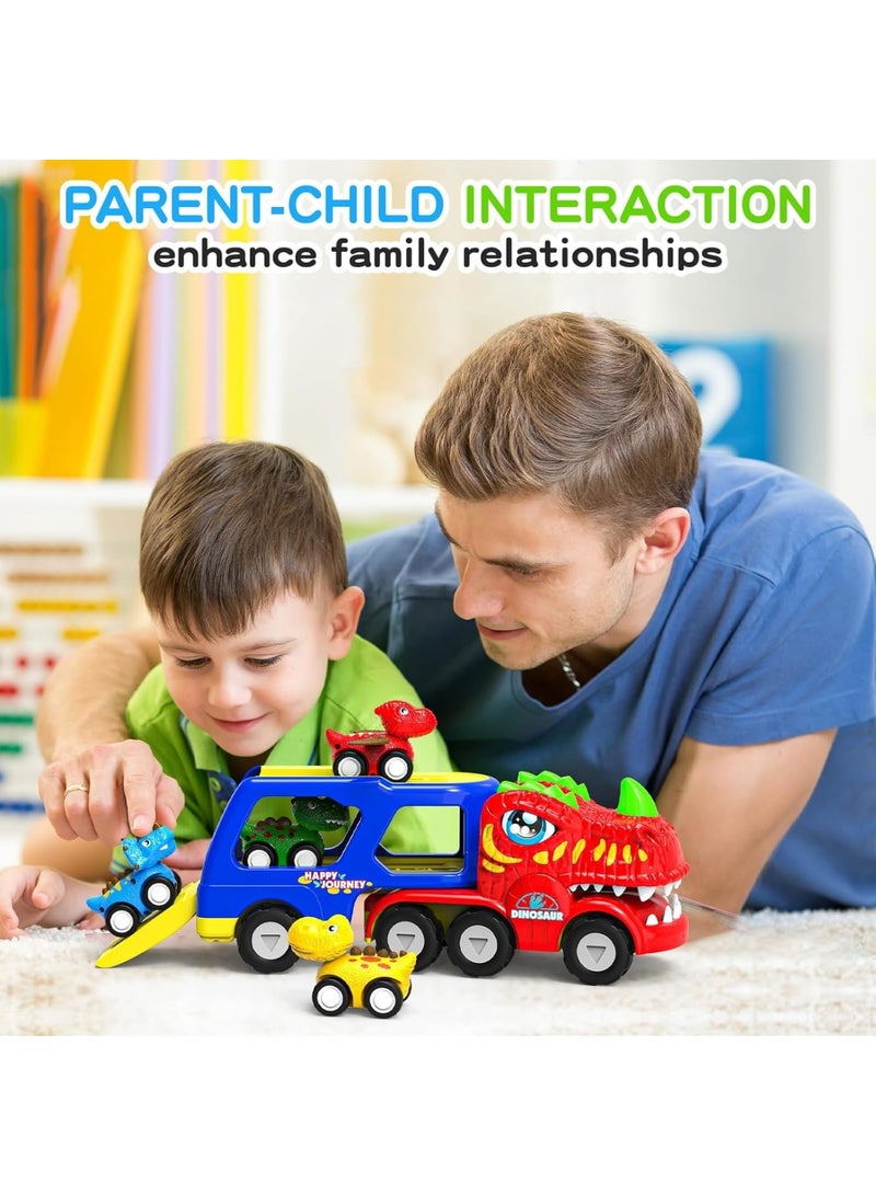 Zikra Toddler Car Toys for 1 2 3 4 5 Year Old Boy, 5-in-1 Dinosaur Vehicle Trucks Toys for Toddlers 1-3 with Sounds & Lights & 4 Small Car, Dinosaur Toys for Kids 4-6, Gift for Birthday, Red - Image 5