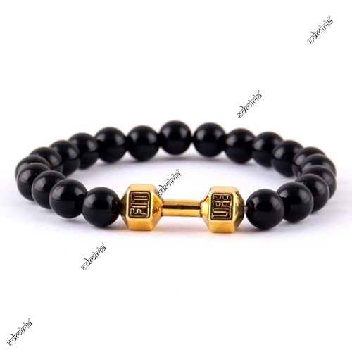 EDMIRIA Dumbbell with Natural Black Matte Agate Lava Onyx 8mm Beads Bracelet | Semi Precious Stones Charm Reiki Chakra Healing Crystal Bracelet for Men & Women (Black Onyx -Gold) - Image 4