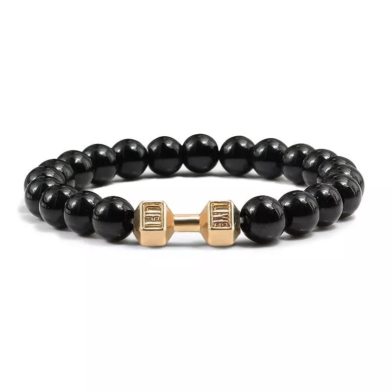 EDMIRIA Dumbbell with Natural Black Matte Agate Lava Onyx 8mm Beads Bracelet | Semi Precious Stones Charm Reiki Chakra Healing Crystal Bracelet for Men & Women (Black Onyx -Gold) - Image 2