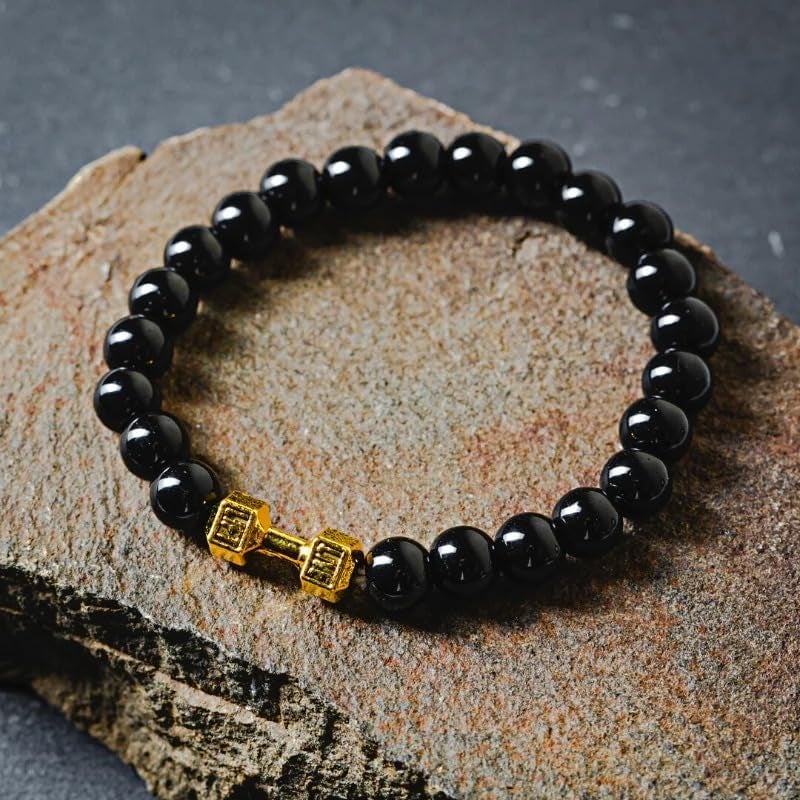 EDMIRIA Dumbbell with Natural Black Matte Agate Lava Onyx 8mm Beads Bracelet | Semi Precious Stones Charm Reiki Chakra Healing Crystal Bracelet for Men & Women (Black Onyx -Gold) - Image 3