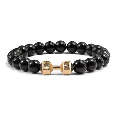 EDMIRIA Dumbbell with Natural Black Matte Agate Lava Onyx 8mm Beads Bracelet | Semi Precious Stones Charm Reiki Chakra Healing Crystal Bracelet for Men & Women (Black Onyx -Gold) - Image 1