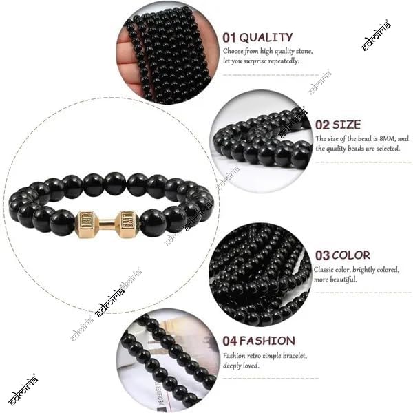 EDMIRIA Dumbbell with Natural Black Matte Agate Lava Onyx 8mm Beads Bracelet | Semi Precious Stones Charm Reiki Chakra Healing Crystal Bracelet for Men & Women (Black Onyx -Gold) - Image 5