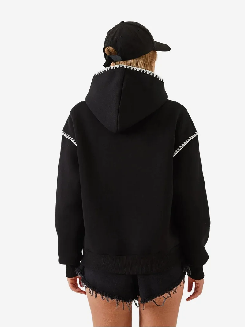 Bianco Lucci Black LUCCI Hooded Lace Detail Relaxed Fit Hoodie for Women | Best Price UAE