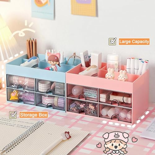 Zeinwap Plastic Multi-Functional Desk Organizer With 4 Compartments & 4 Drawer Desktop Office Supplies Stationery Storage Box Cosmetic Organizer For Pens Staplers Clips Sticky Notes (Pink) - Image 5