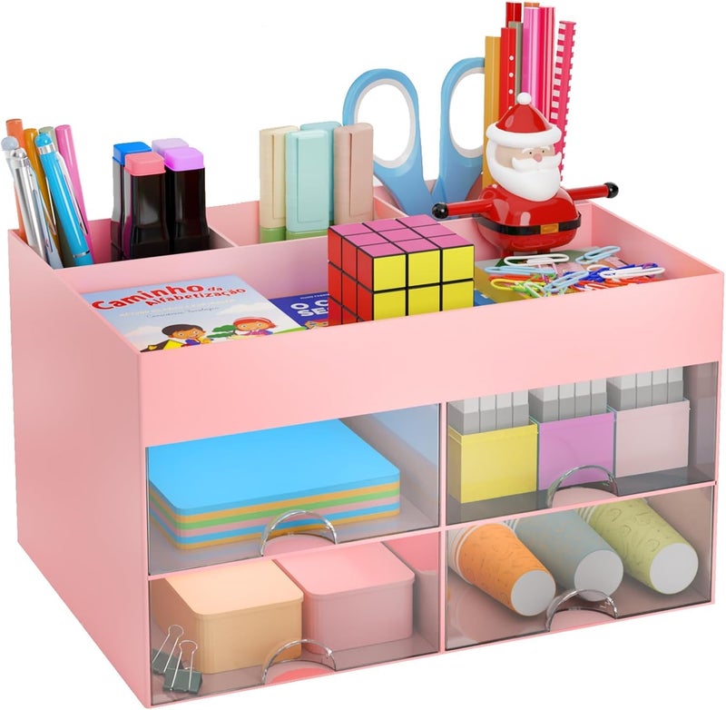 Zeinwap Plastic Multi-Functional Desk Organizer With 4 Compartments & 4 Drawer Desktop Office Supplies Stationery Storage Box Cosmetic Organizer For Pens Staplers Clips Sticky Notes (Pink) - Image 1