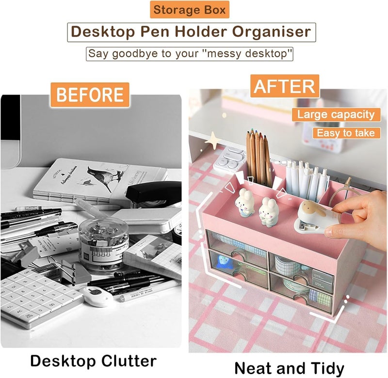 Zeinwap Plastic Multi-Functional Desk Organizer With 4 Compartments & 4 Drawer Desktop Office Supplies Stationery Storage Box Cosmetic Organizer For Pens Staplers Clips Sticky Notes (Pink) - Image 4