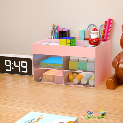 Zeinwap Plastic Multi-Functional Desk Organizer With 4 Compartments & 4 Drawer Desktop Office Supplies Stationery Storage Box Cosmetic Organizer For Pens Staplers Clips Sticky Notes (Pink) - Image 2