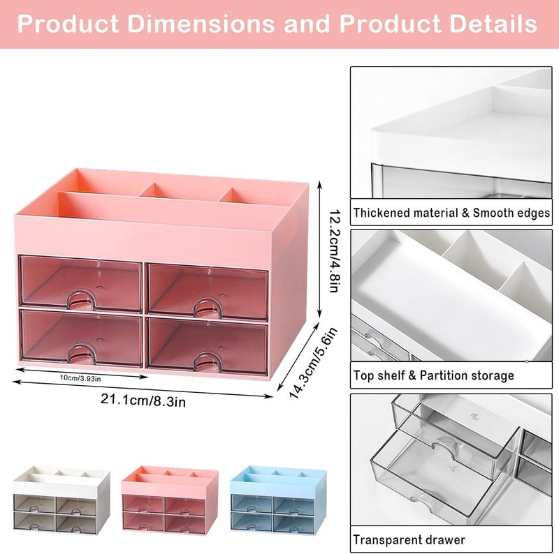 Zeinwap Plastic Multi-Functional Desk Organizer With 4 Compartments & 4 Drawer Desktop Office Supplies Stationery Storage Box Cosmetic Organizer For Pens Staplers Clips Sticky Notes (Pink) - Image 3