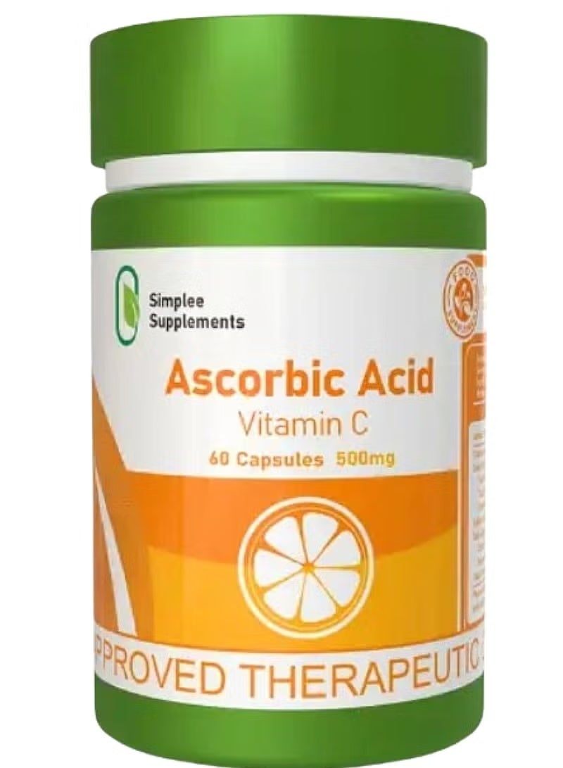 Simplee Supplements Ascorbic Acid and Vitamin C 500mg Supplement - 60 Capsules for Immune and Skin Health
