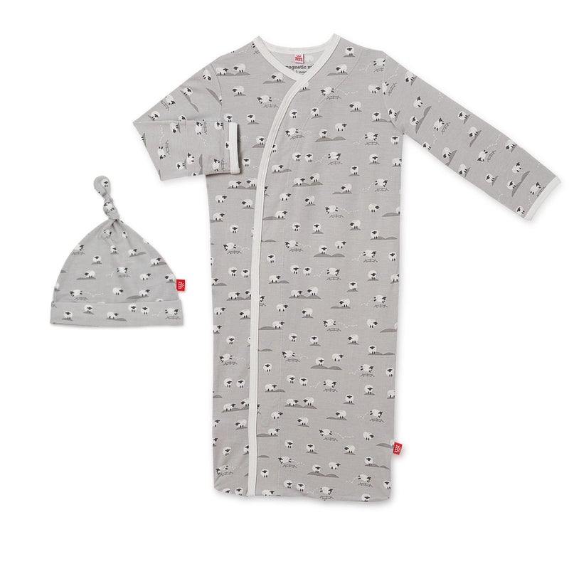 Magnetic Me Modal Newborn Sleeper Gown & Hat Set | Silky Soft Modal Fabric Sleep Sack | Baa Baa Baby Gray | 0-3 Months - Image 1
