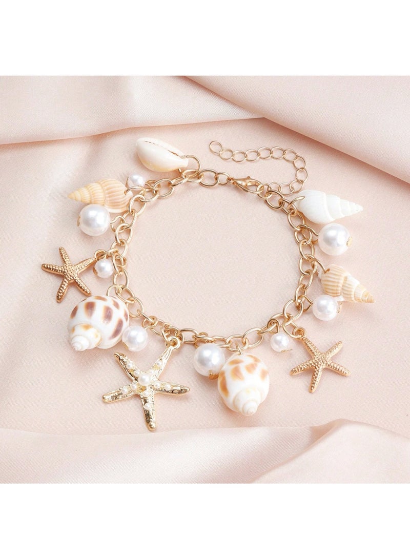 SHEIN MOD 1pc Bohemian Style Alloy & Pearl Decor Starfish Bracelet For Women, Summer Beach - Image 5
