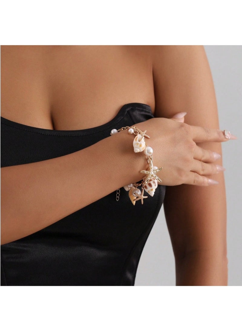 SHEIN MOD 1pc Bohemian Style Alloy & Pearl Decor Starfish Bracelet For Women, Summer Beach - Image 4