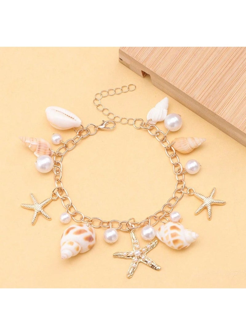SHEIN MOD 1pc Bohemian Style Alloy & Pearl Decor Starfish Bracelet For Women, Summer Beach - Image 1