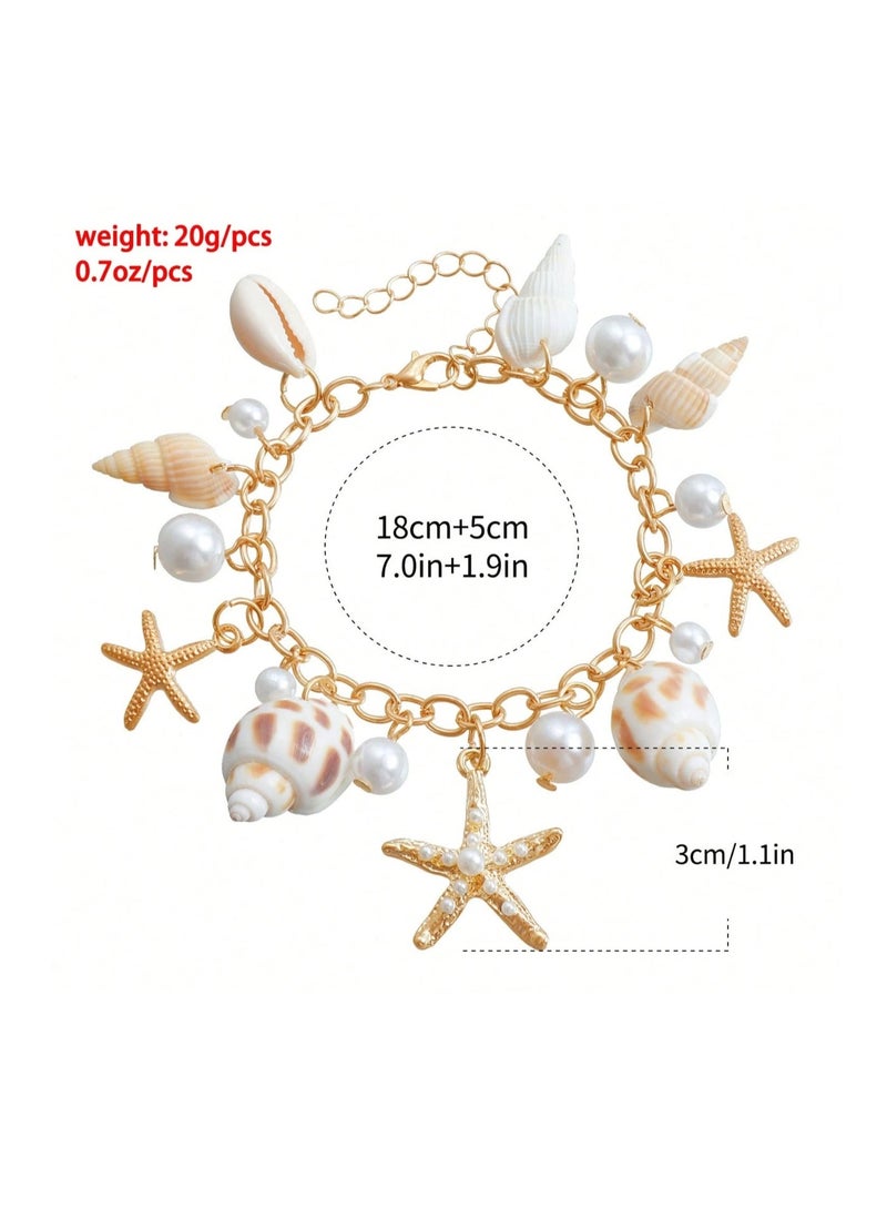 SHEIN MOD 1pc Bohemian Style Alloy & Pearl Decor Starfish Bracelet For Women, Summer Beach - Image 2