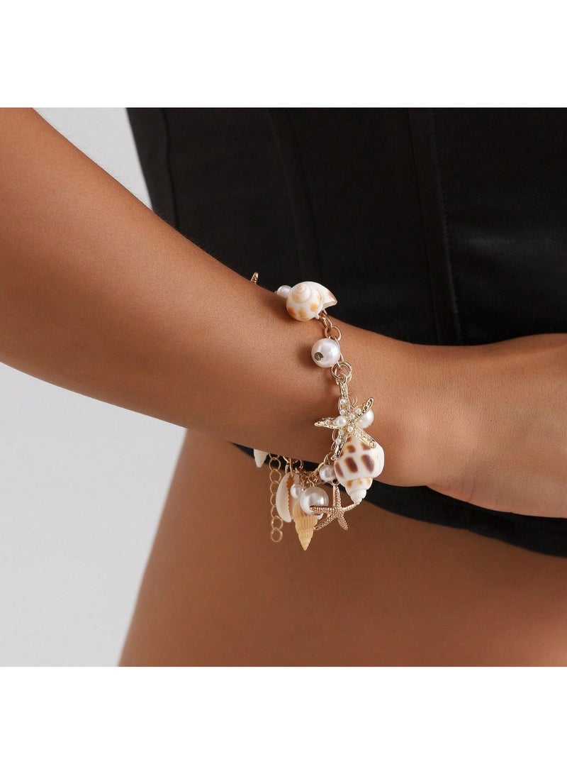 SHEIN MOD 1pc Bohemian Style Alloy & Pearl Decor Starfish Bracelet For Women, Summer Beach - Image 3