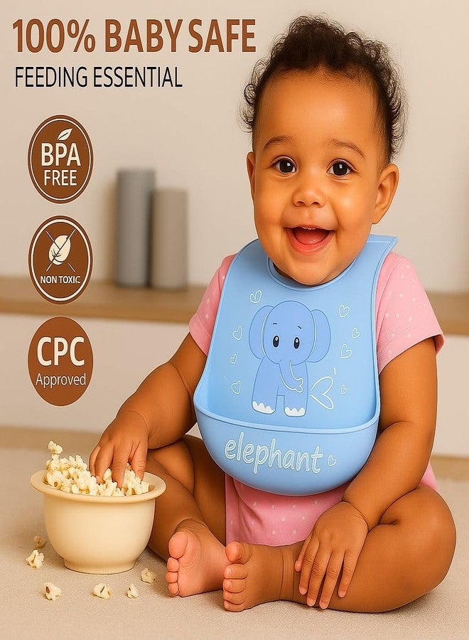 Nestlooms Waterproof Silicone Baby Bib for Feeding & Weaning Babies & Toddlers, BPA Free, Washable & Reusable, Soft Food Catcher Bib with Adjustable Button Neckline - Elephant Buddy - Image 4