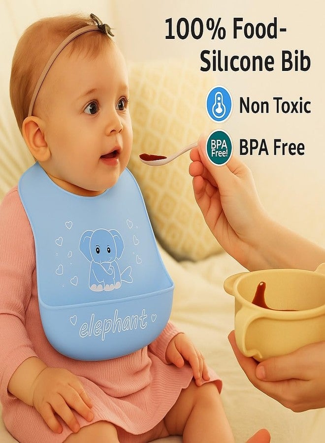 Nestlooms Waterproof Silicone Baby Bib for Feeding & Weaning Babies & Toddlers, BPA Free, Washable & Reusable, Soft Food Catcher Bib with Adjustable Button Neckline - Elephant Buddy - Image 3