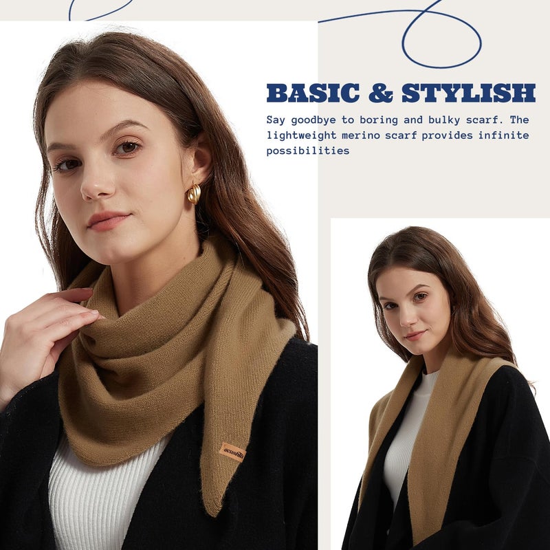 ACUSHLA 100% Merino Wool Triangle Scarf for Women Winter Neck Gaiter Warmer Knit Fashion Hooded Scarf Lightweight Soft Warm Neck Wrap for Ladies, 15.7'' X 47.2'', Camel - Image 2