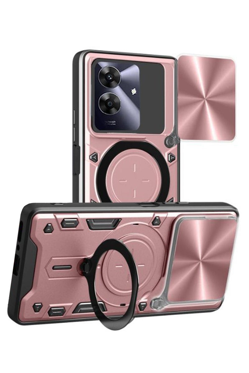 for realme Note 60 4G Case, Slide Camera Lens Cover, Magnetic Ring Holder Kickstand Protective Phone Case for realme Note 60 4G, Rose Gold