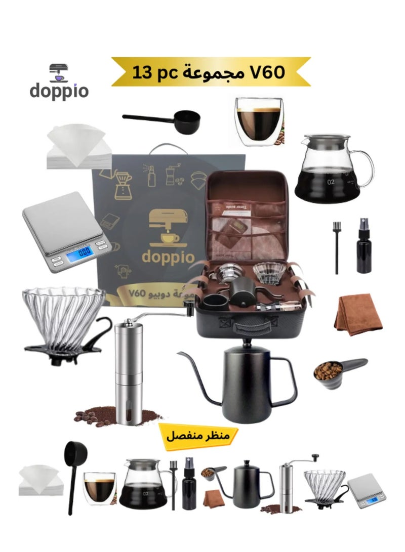 Doppio 13 Pcs V60 Premium Pour Over Manual Coffee Maker with Manual Grinder Dripper Set - Image 1
