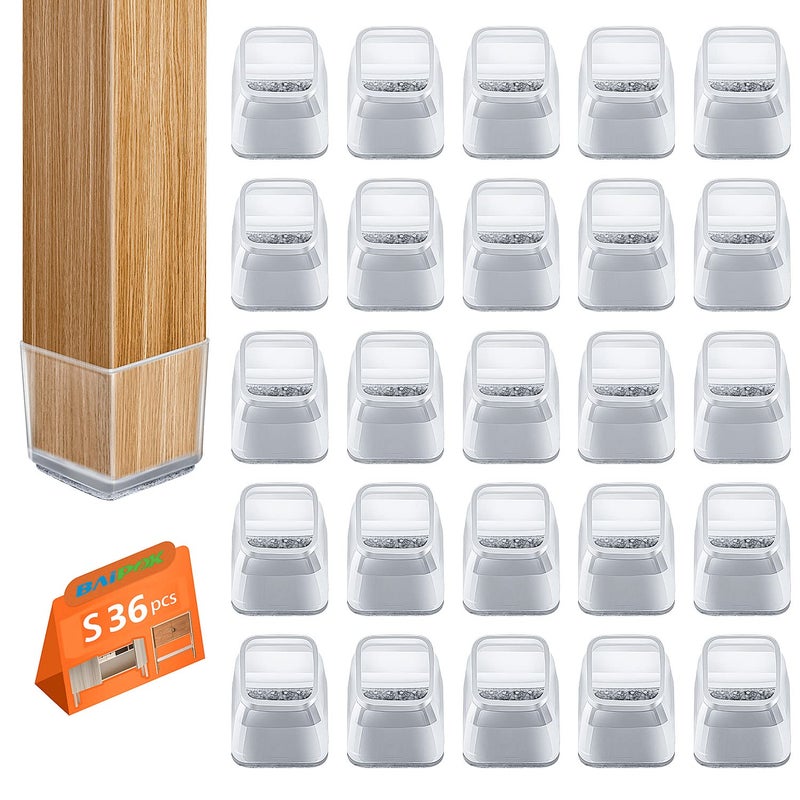 BAIPOK 36pcs Square Chair Leg Floor Protectors Silicone Floor Protectors for Chairs Chair Leg Protectors for Hardwood Floors Felt Furniture Pads for Wood Floors Prevent Scratches Small Clear