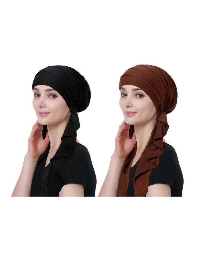 عمامة ناعمة نسائية بوشاح رأس مع أربطة طويلة، عبوة من قطعتين (أسود وبني) - Image 1