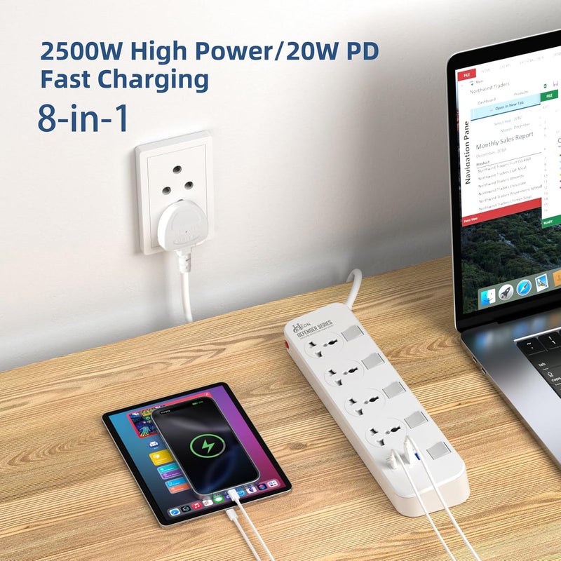 هوتيون لوحة تمديد مع منافذ USB، شريط طاقة 2500 واط/10 أمبير، 4 منافذ 2 USB-A + 1 USB-C، مقابس حماية عالمية من الطفرات الكهربائية مع مفتاح فردي وغطاء أمان، كابل بطول 2 متر - Image 3