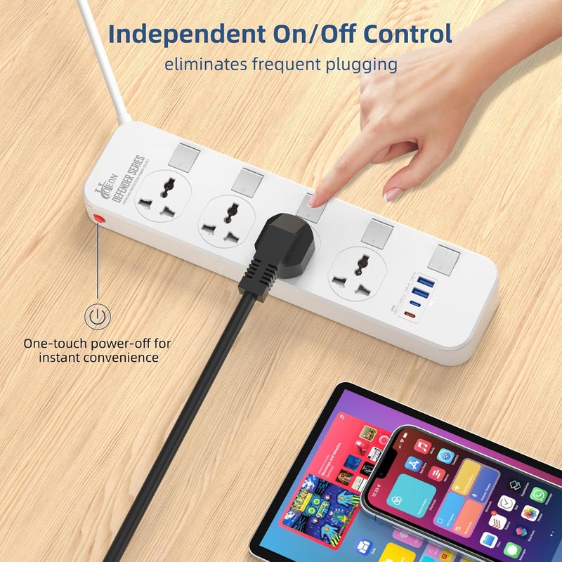 هوتيون لوحة تمديد مع منافذ USB، شريط طاقة 2500 واط/10 أمبير، 4 منافذ 2 USB-A + 1 USB-C، مقابس حماية عالمية من الطفرات الكهربائية مع مفتاح فردي وغطاء أمان، كابل بطول 2 متر - Image 4