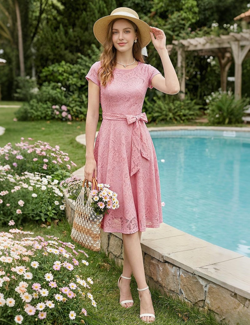 MUADRESS Women Cap-Sleeve Lace Floral Elegant Cocktail Dress Crew Neck Knee Length Bridesmaid Prom Dresses for Party Blush 4XL - Image 2